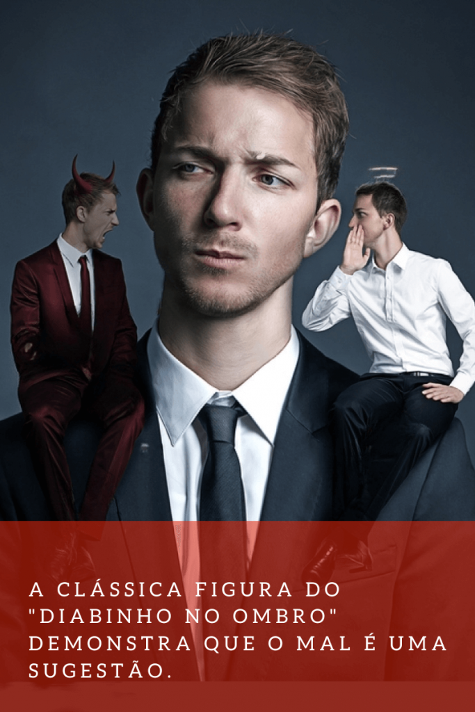 Homem loiro, com olhar pensativo, e um anjo e um diabo em cada ombro, representando a figura do demônio.
