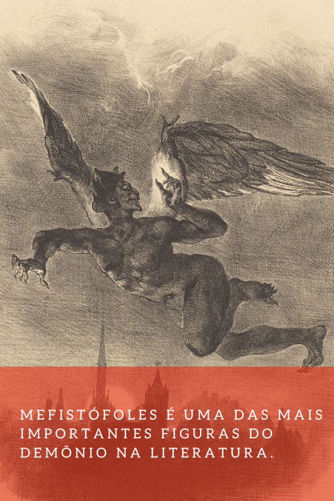 Mefistófoles, uma figura do demônio com asas, pairando sobre um castelo.